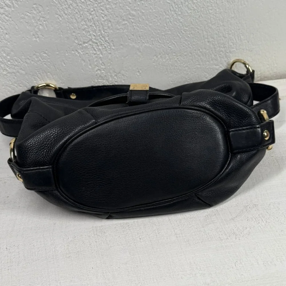 Michael Kors Black Leather Hobo Shoulder Bag Gold MK Logo Zip Top Medium